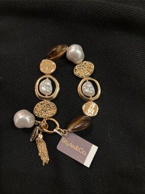 Style & Co. (Macys) Gold and Pearl Bead Statement Bracelet